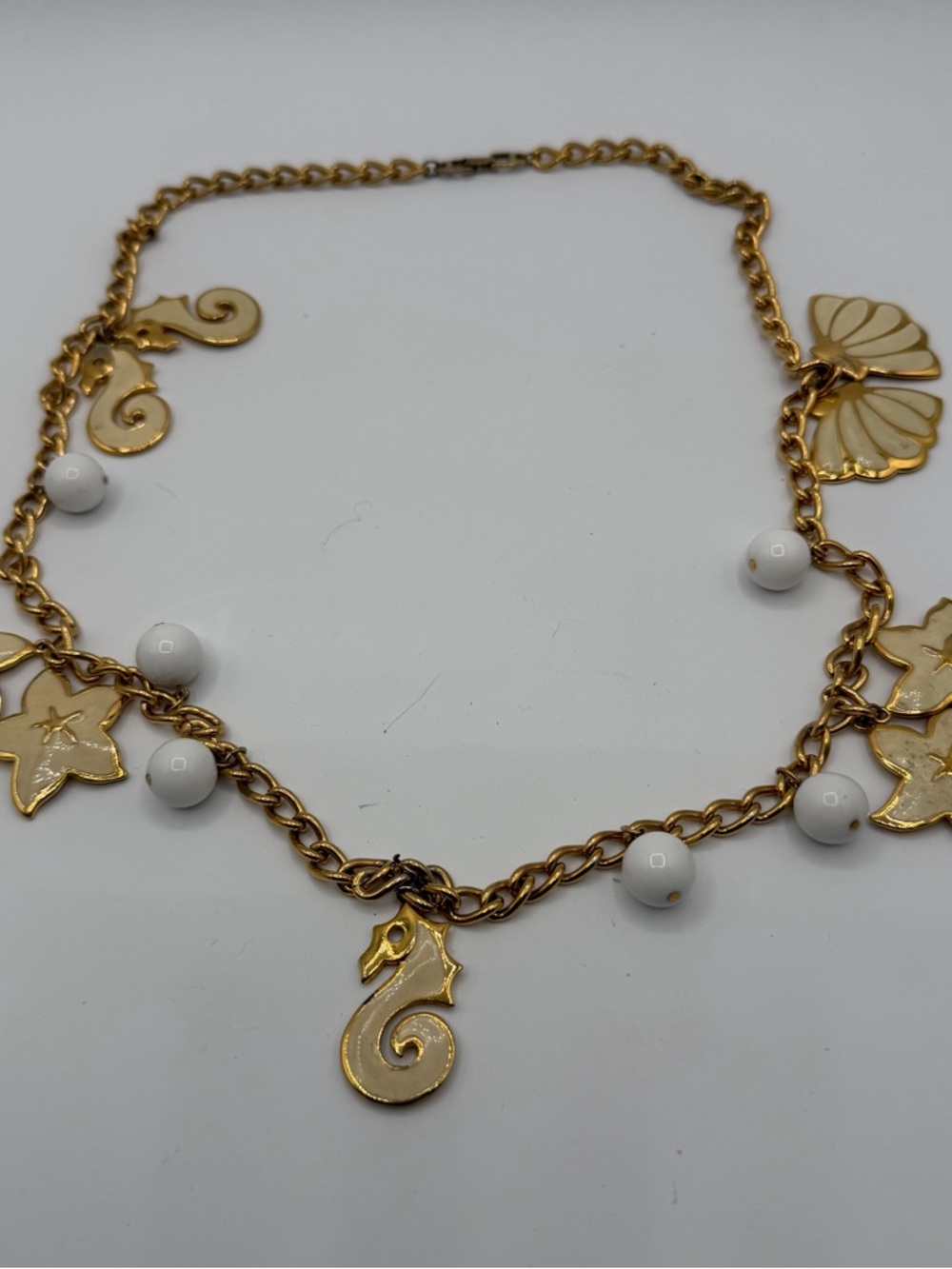 Vintage Napier Nautical Charm Necklace Seahorse Starfish Shell Gold Tone
